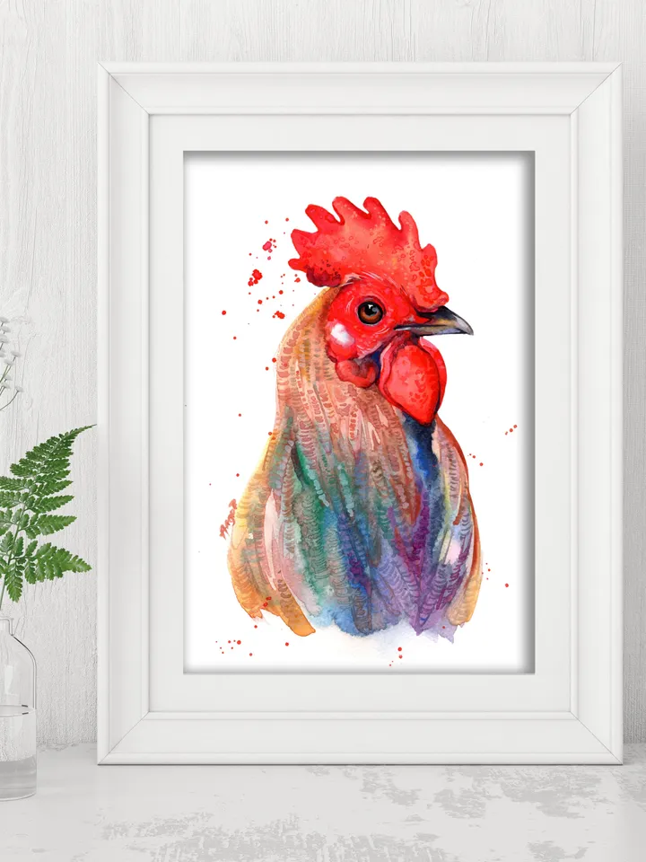 Rooster Original watercolor, farm bird painting, bird lover gift, wall decor, 8x11 in handmade birds art by Anne Gorywine