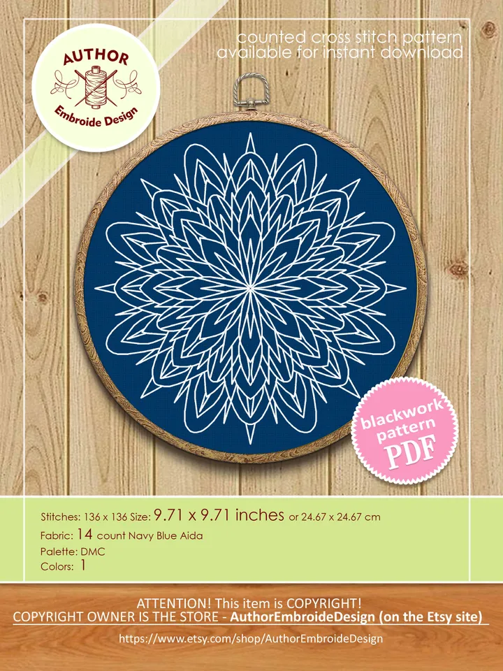 Geometric mandala blackwork pattern PDF Mandala ornament Backstitch chart, Blackwork mandala embroidery PDF Floral mandala cross stitch #W39