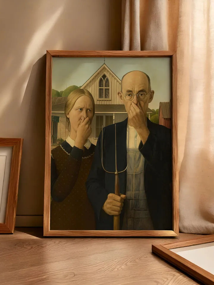 Funny American Gothic Bathroom Art Print Poster Altered Vintage Surreal Eclectic Prank Gift Maximalist Wall Decor Humor Digital Download