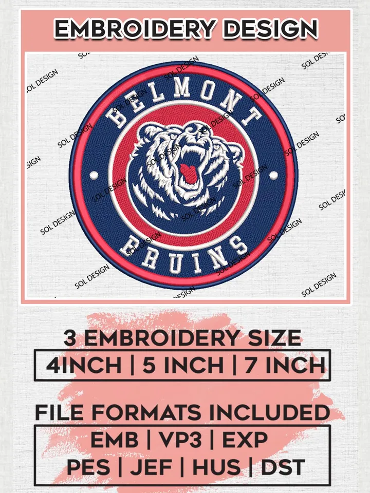 NCAA Belmont Bruins Round Logo Embroidery, NCAA Belmont Bruins Logo Embroidery files, NCAA Teams, Machine embroidery designs, Digital Download