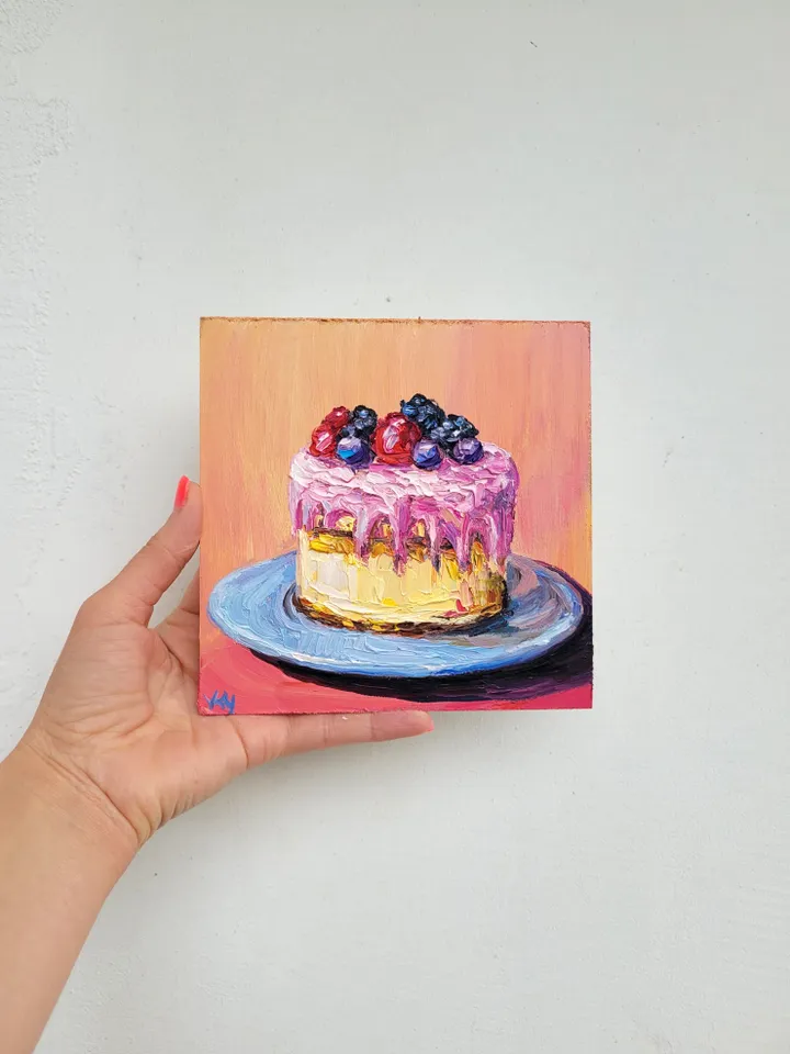 Cake Painting Food Original Art Impasto Artwork 6x6 Kitchen Wall Art Bakery Art Dessert Painting Fruit Wall Art Funky Painting by ArtFromVictoria
