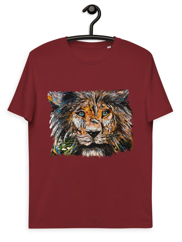 Unique design Lion Unisex organic cotton t-shirt made from my original mix media artwork on glass,wild animals t shirts, wearable art gifts