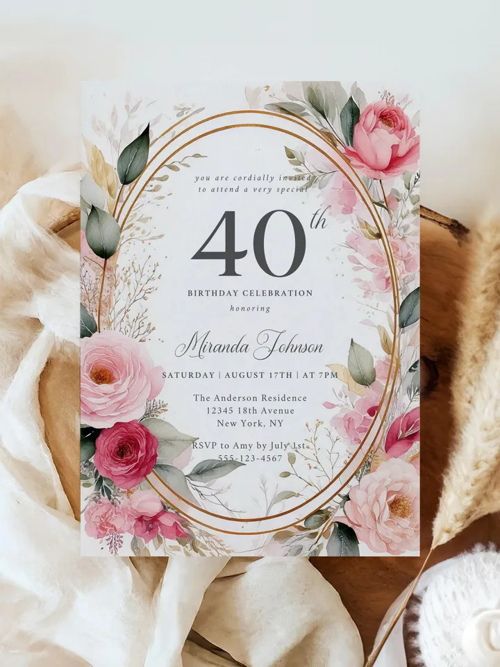 40th Birthday Invitation for Women – Blush Pink & Gold Floral, Elegant Printable Party Invite for Wife or Mother, Digital Canva Template