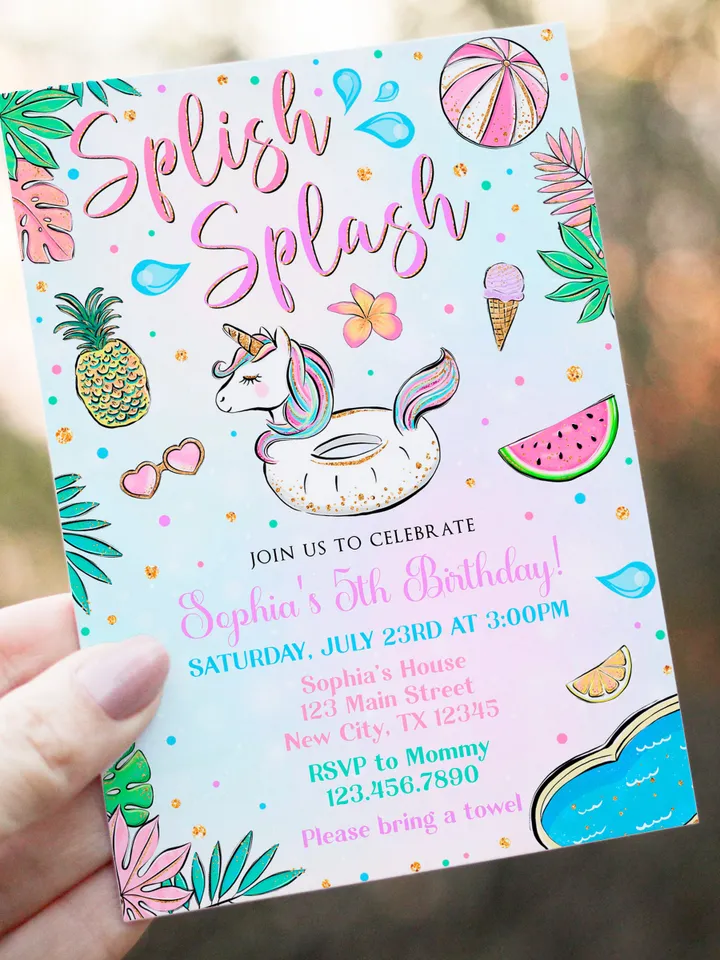 Splish Splash Birthday Invitation, Unicorn Pool Party Invitation Girl, Splash Pad Invitation Instant Download Editable Template