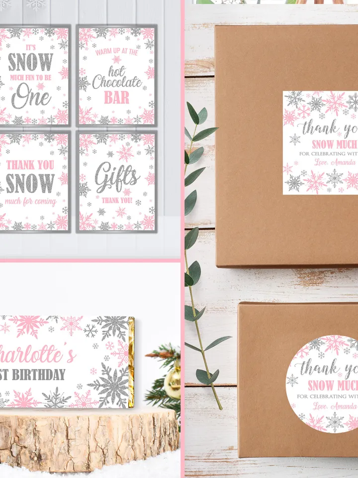 Winter Onederland Birthday Girl Decorations, Winter Onederland Birthday Party Package Bundle, Pink Silver Snowflakes Editable Template