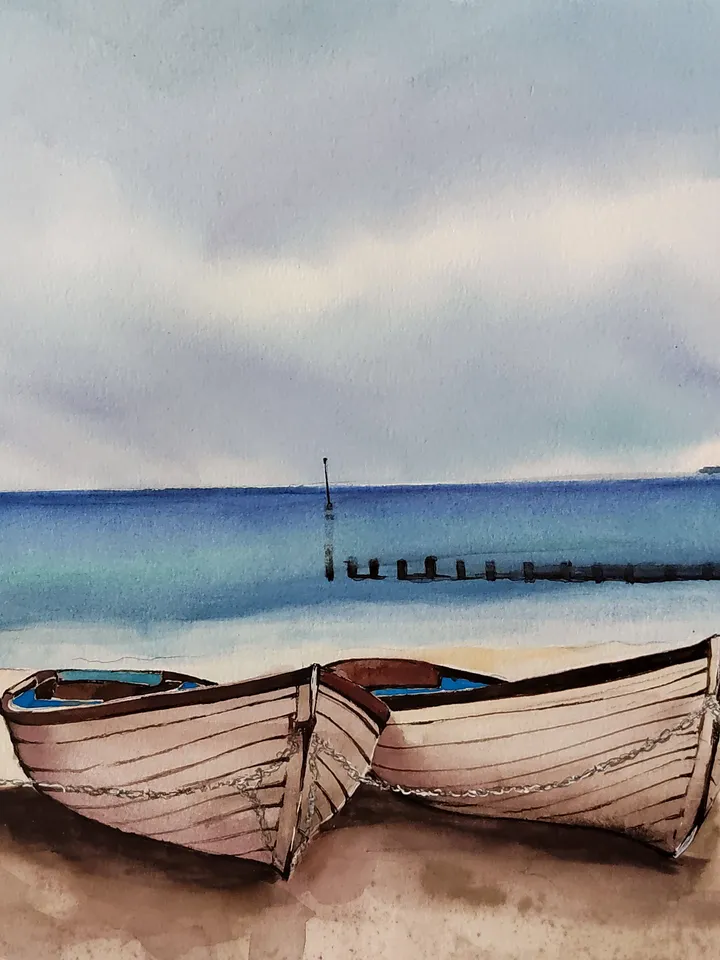 Original Watercolor Painting Sea Landscape Art Boats Artwork 30x40 cm by SoftWaves