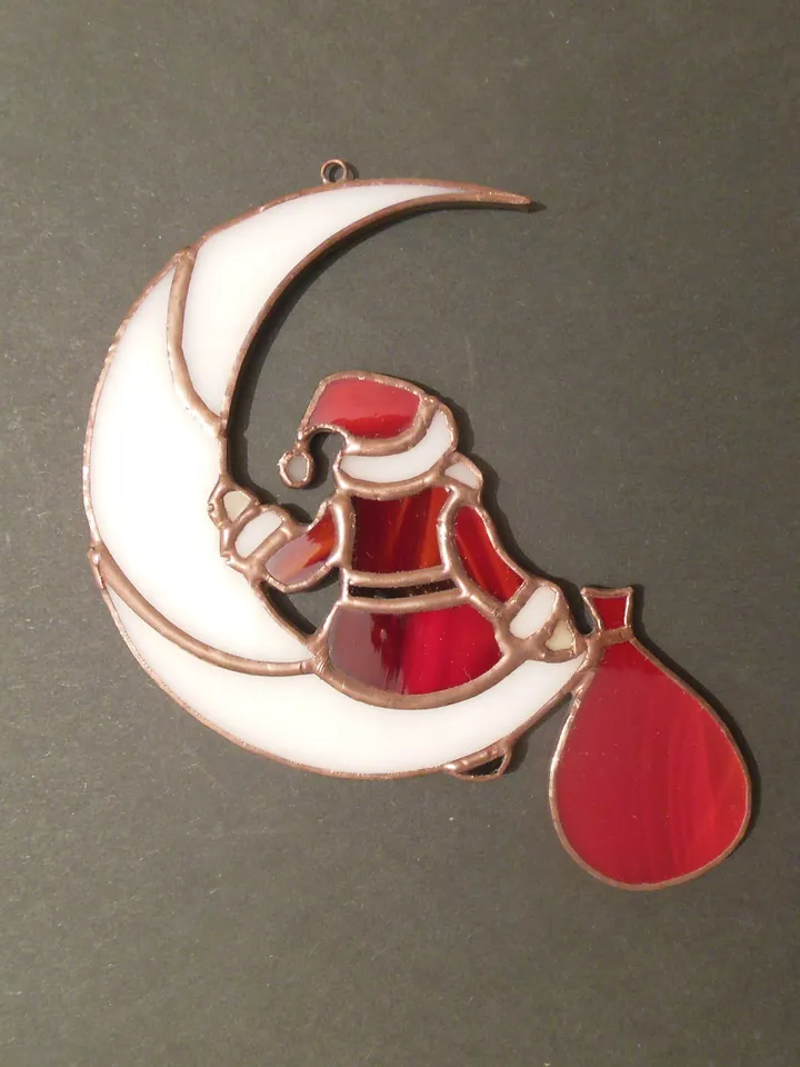Santa Claus on the Moon . Idea for Christmas gift . Art stained glass window hanging Suncatcher , suspension Suncatcher . Red and White
