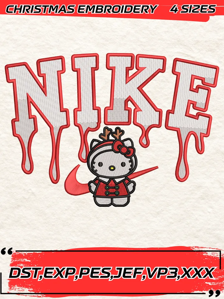 Swoosh Kitty Christmas Embroidery Design,Christmas Embroidery Design,4 Sizes,Digital Download