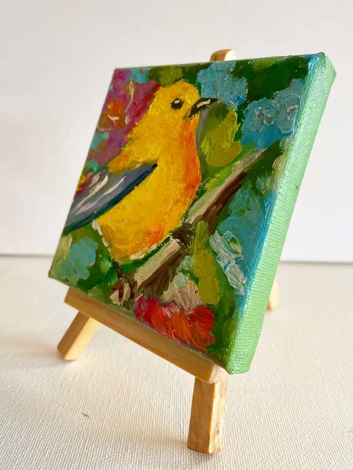 Yellow Wabler Painting, Bird Original oil Painting on Canvas, Wildlife Art, Miniature Artwork 4"x 4"