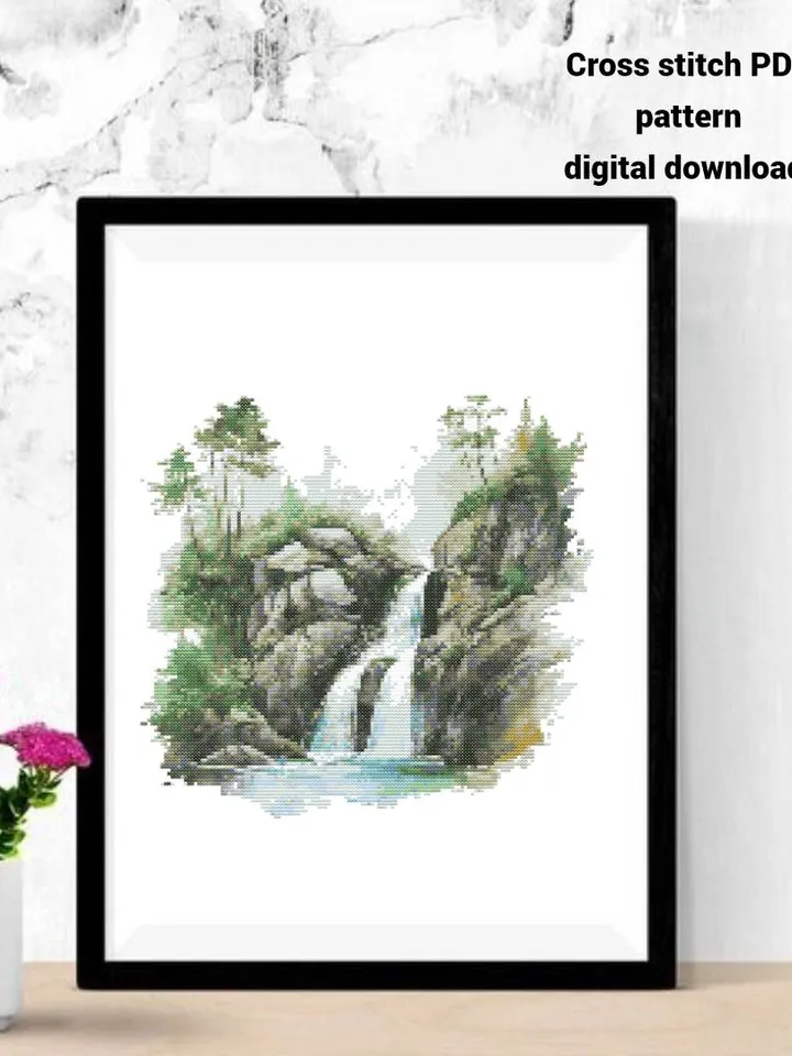 Forest Waterfalls cross stitch PDF pattern, Watercolor Forest waterfall embroidery design, Instant download