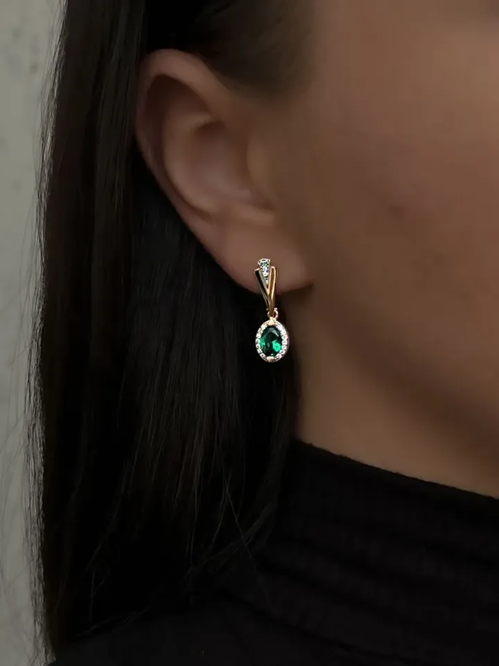 Earrings silver 925, gold plated with emerald and cubic zirconia