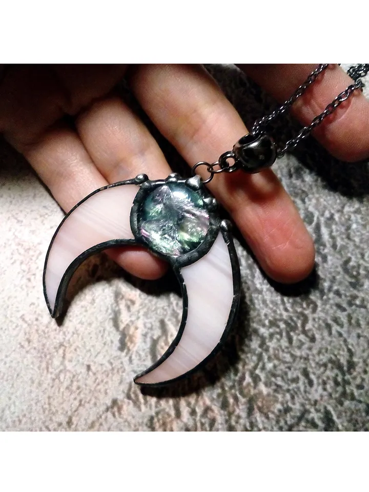 Stained glass moon, Moon crescent, witchy aesthetic, Moon phase necklace, Stainglass crescent