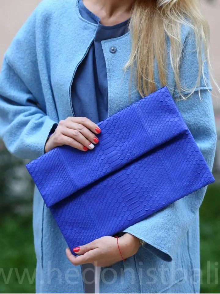 Genuine Python Skin Royal Blue Big Envelope Clutch | Macbook Air Case Leather | Ultramarine Bright Blue Elegant Woman Bag | Snake skin Bag