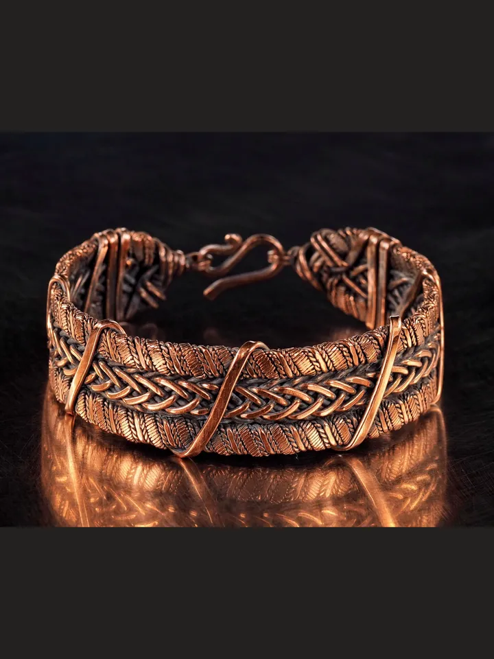 Wire wrapped bracelet, Unique 7th 22nd Anniversary gift idea, Art Nouveau antique style, One of kind braided statement bangle, Handmade oxidized pure copper jewelry, Pain relief, EMF protection