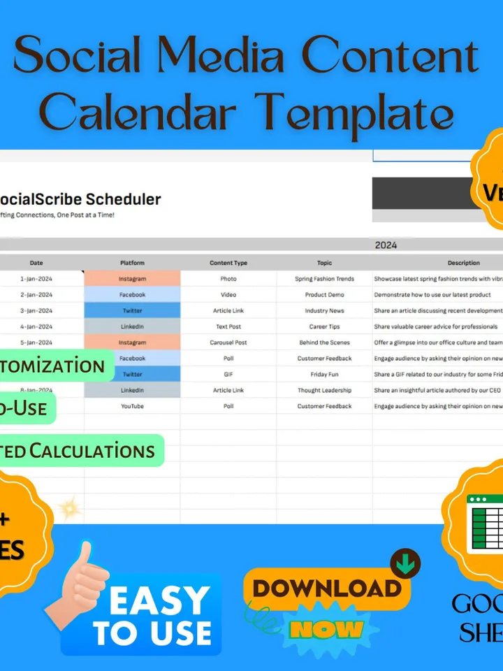 Social Media Content Calendar Template, Monthly Post Planner, Marketing Schedule, Google Sheets Editorial Calendar
