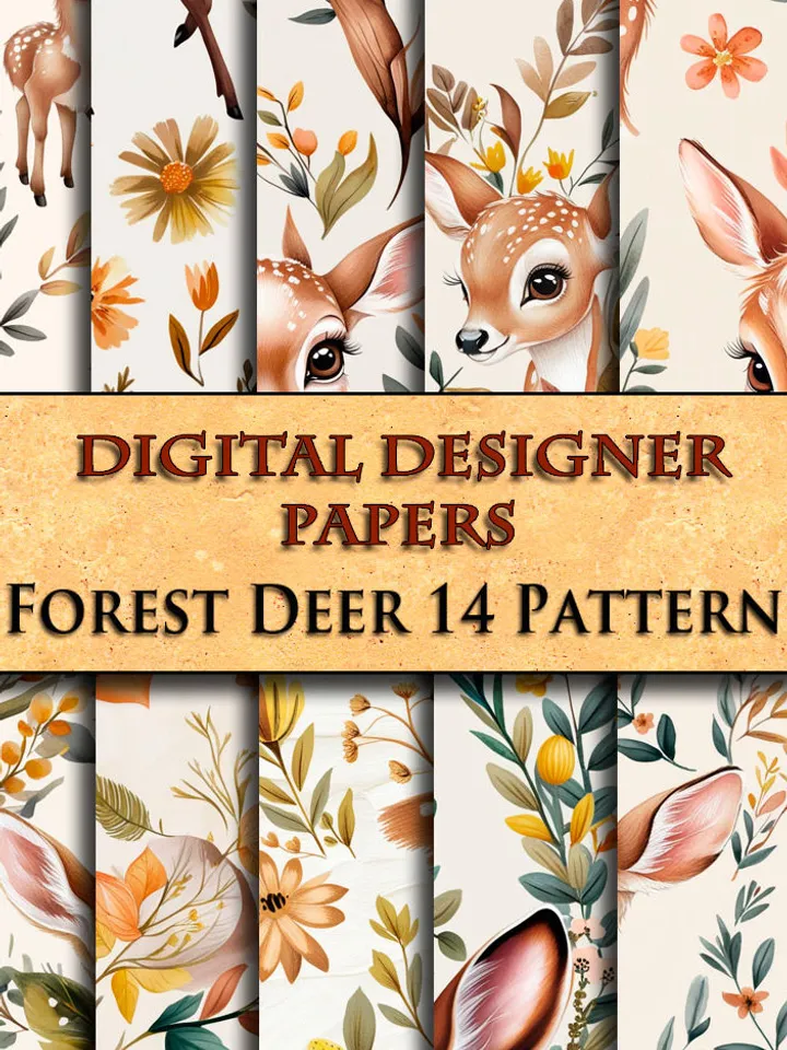 Seamless patterns with cute deer 14 pieces. Unlimited commercial use digital print files. Instant download.