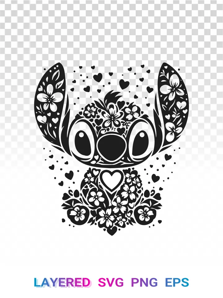 Stitch PNG, Disney Floral 🌺 SVG, Lilo and Stitch Cricut Transparent Clipart