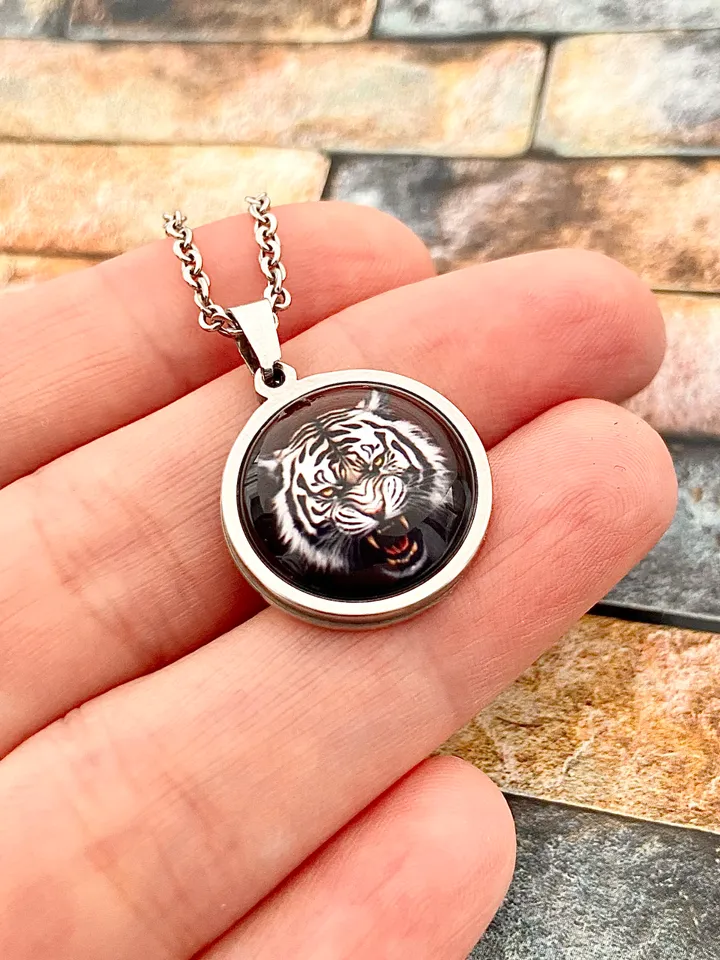 White tiger head necklace, steel pendant with glass, Wild cats lover gift