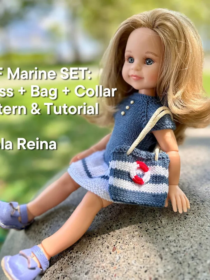 PDF Knitting Marine SET Dress Beret Collar Bag Pattern & Tutorial – Cozy Outfit for 13-Inch Dolls Paola Reina eng