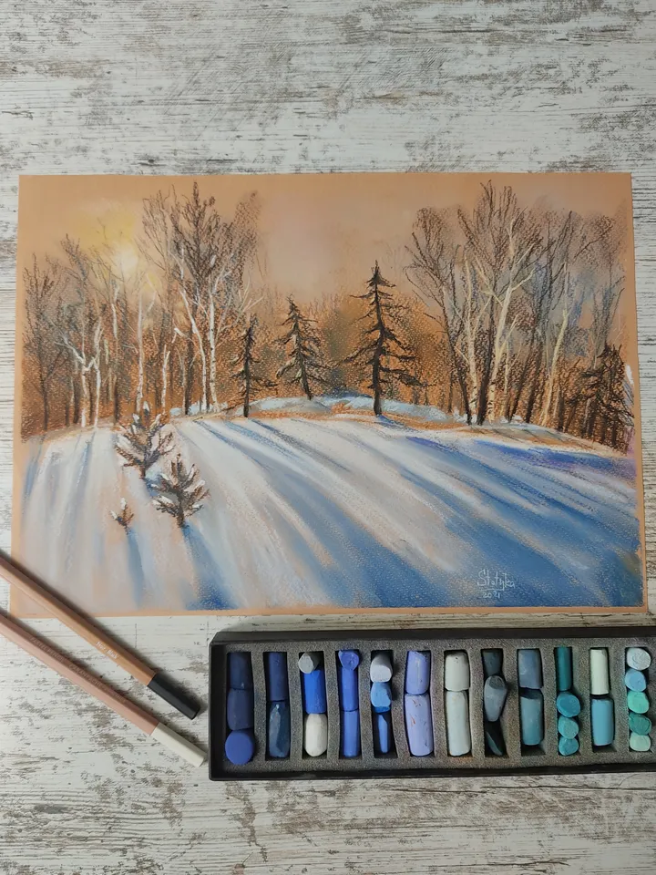 Winter Forest. Original soft pastel drawing.
