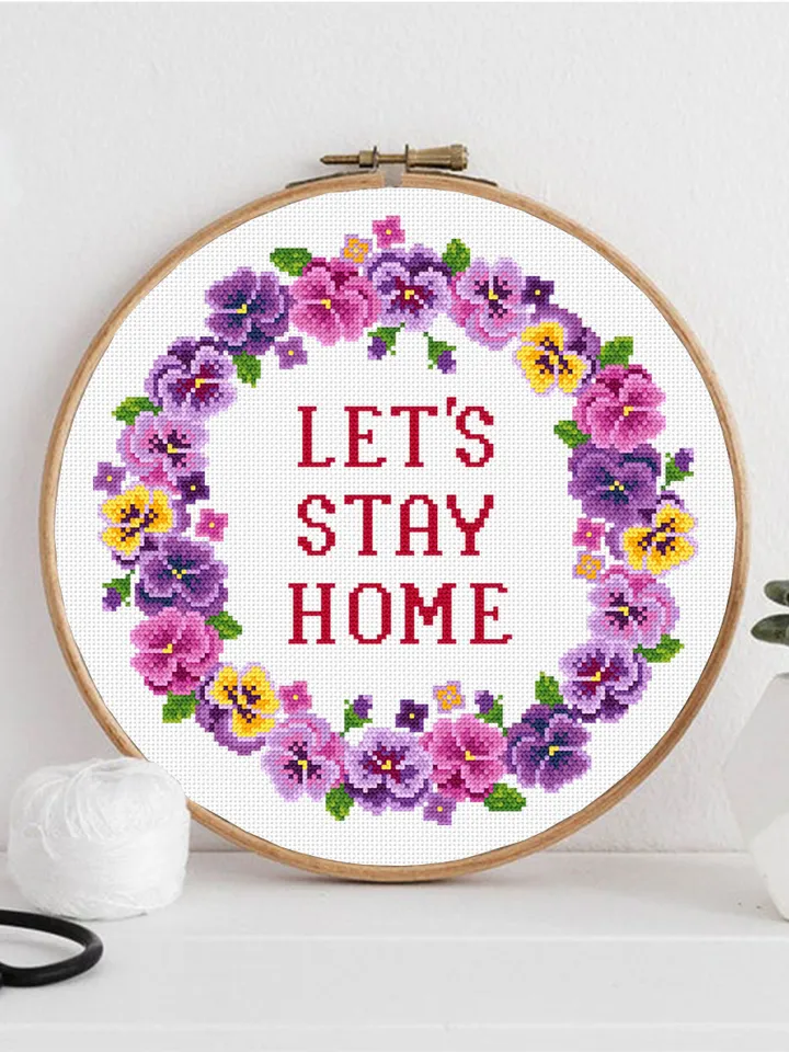 Flower wreath cross stitch pattern Lets Stay Home download PDF, Framed quote cross stitch chart, Floral border cross stitch, Home decor #Q6