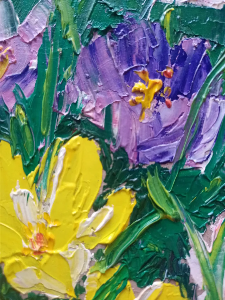 spring vibrant colorful flowers oil painting original painting original portrait of flower wall art crocuses impasto artwork yellow flowers