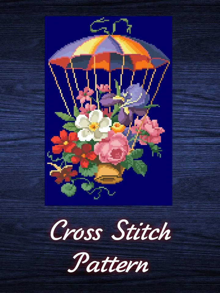 Antique Cross Stitch Pattern Parachute with a Bouquet Counted Digital Download PDF