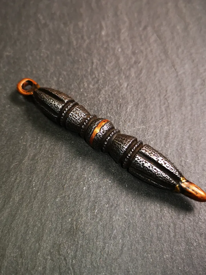 Gandhanra Vintage Tibetan Buddhist Amulet,Nine-pronged Dorje Vajra Pendant,Made of Cold Iron,inlaid Copper Wire,3.5"