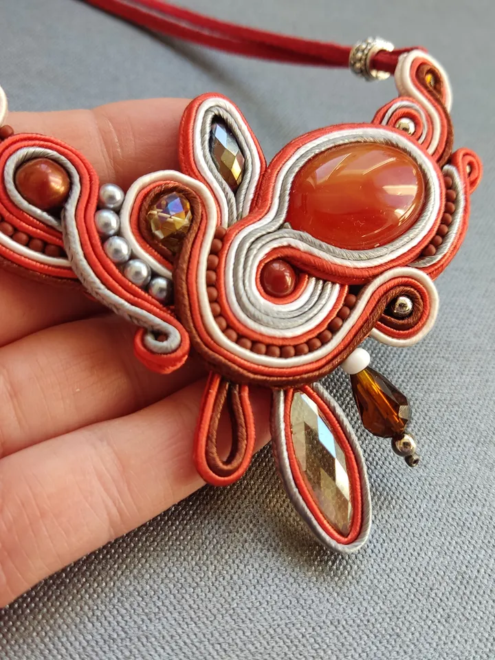 Red Statement Necklace with Carnelian Stone, Soutache embroidered necklace with natural stone