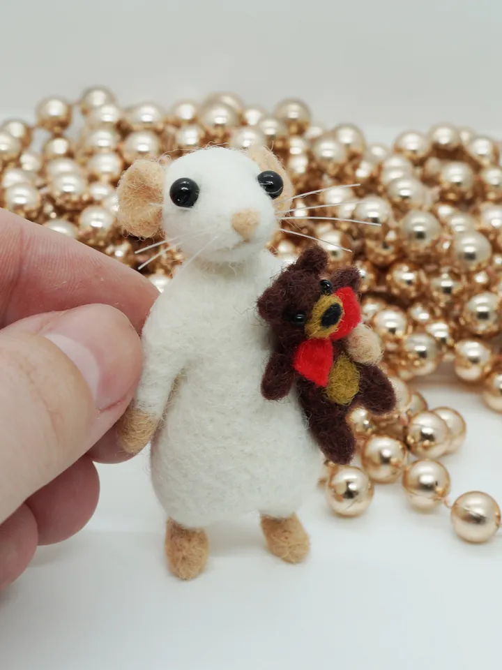 Milo the mouse, miniature needle felted mouse with a Teddy bear toy, made to order