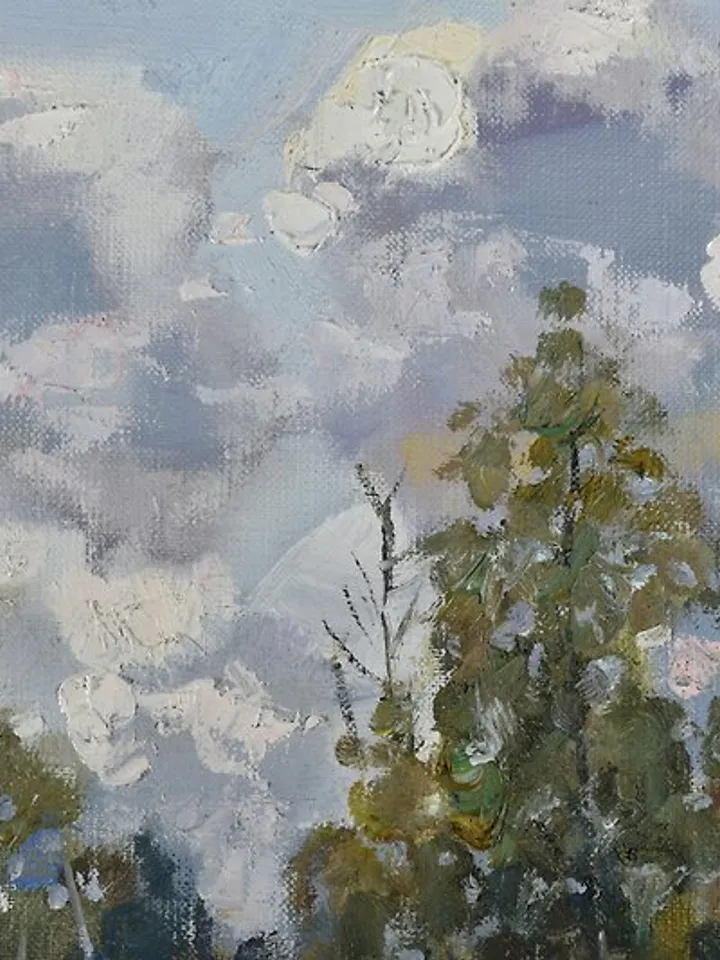 Autumn Painting Landscape Original Art Fall Nature Cloudy Day Birch Trees Canvas