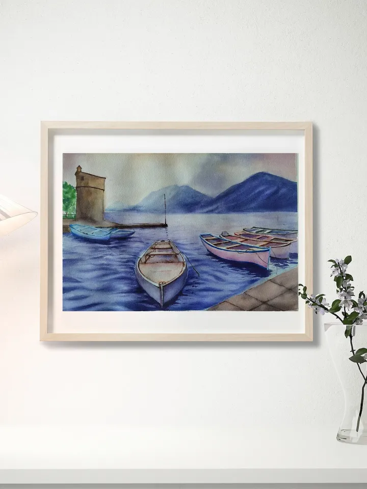 Original Watercolor Painting Water Landscape Art Boats on the Sea Artwork Boats Picture 30x40 cm by SoftWaves