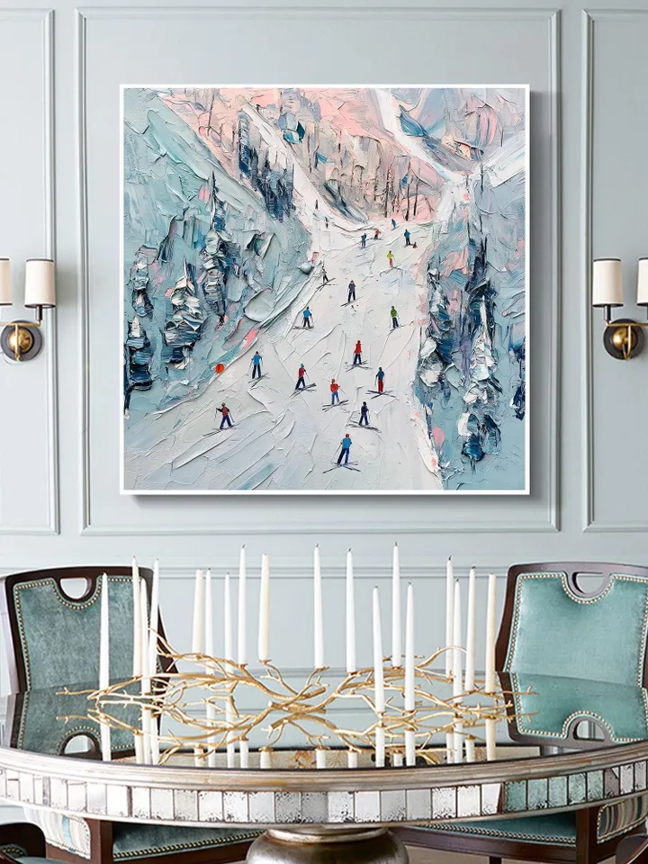 Ski Slope Painting, Winter Landscape Art, Impasto Snow Scene, Mountain Art, Skiers Painting, Textured Wall Art, Original Artwork, Home Decor