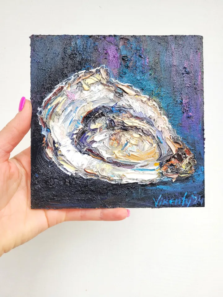 Oyster Painting Shell Original Art Impasto Oil Painting 6x6 Seafood Art Coastal Artwork Oyster Shell Wall Art Kitchen Wall Art by ArtFromVictoria