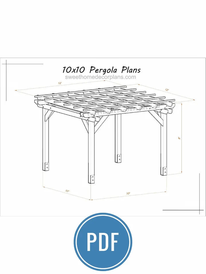 DIY 10 x 10 pergola plans for patio pdf. Outdoor wooden pergola plans. Backyard square garden modern gazebo plans.