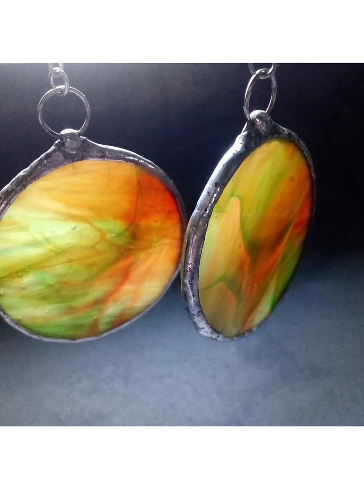Stained glass green earrings, stainglass cute earrings, Dangle earrings, Geometric earrings, Round stained glass