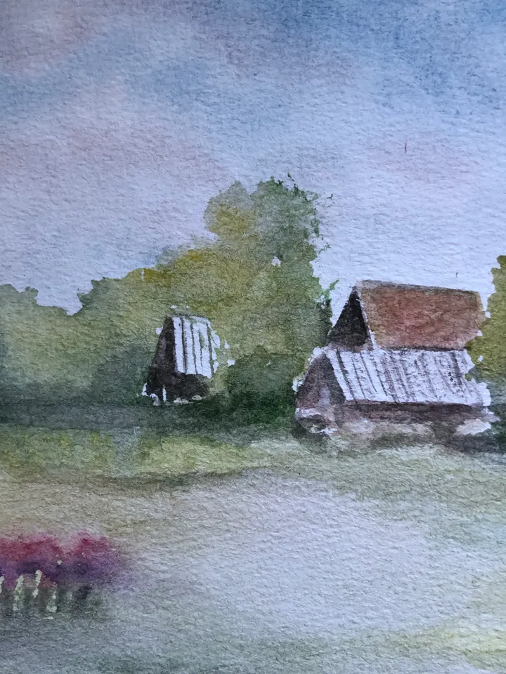 Summer village beautiful landscape modern wall art hand painted original watercolour painting