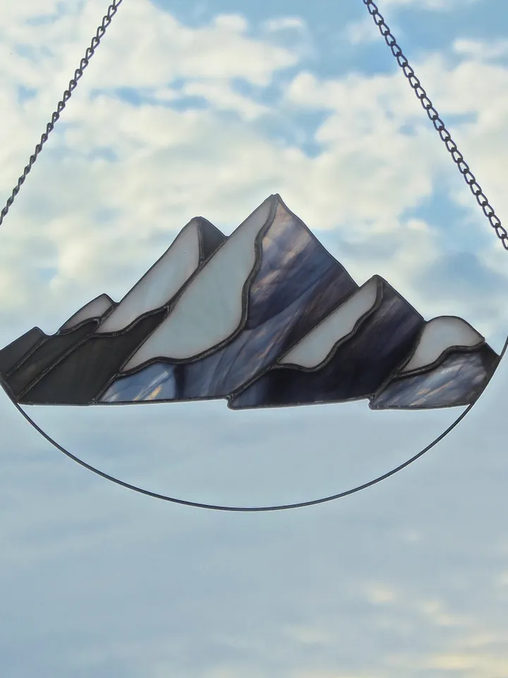 Mountains . Art Stained Glass window hanging Panel Suncatcher . landscape , garden outdoor decor