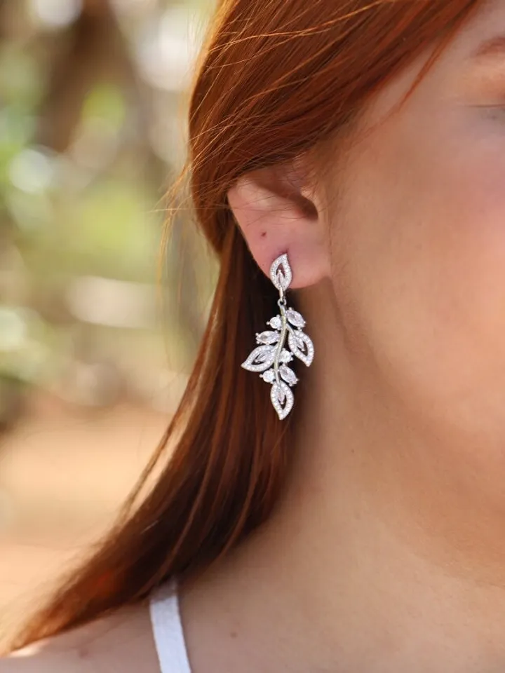 Swarovski Crystal Wedding Earrings, Silver Chandelier Earrings, Long Statement Earrings, Floral Bridal Earrings, Flower Wedding Earrings