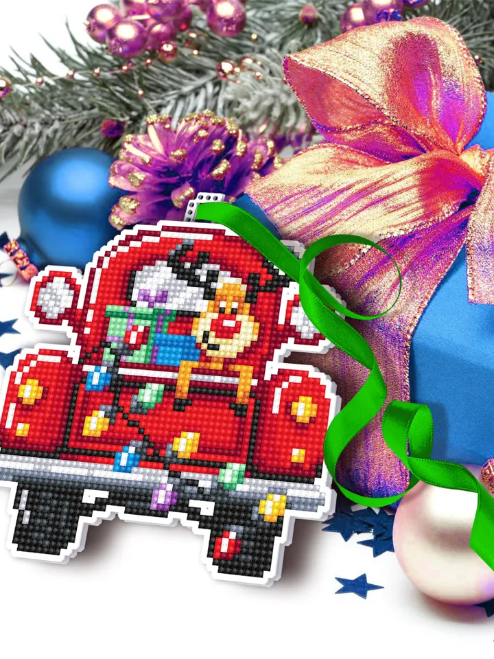 Christmas red truck cross stitch pattern PDF download Double-sided Christmas tree decor for plastic canvas, Funny deer cross stitch #N130