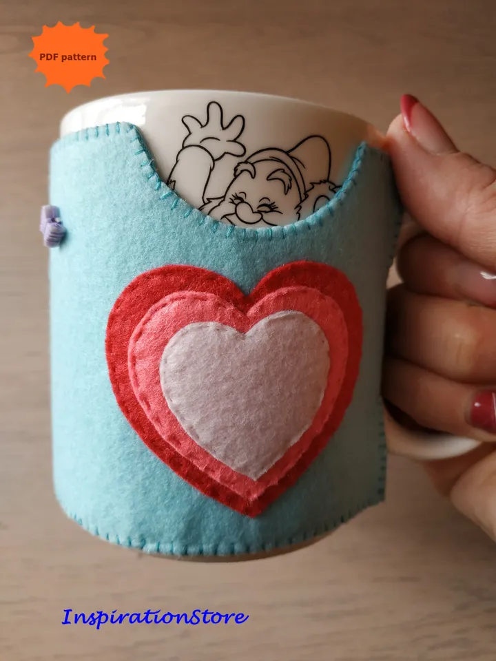 Felt pattern, Valentines day gift, Valentine day pattern, coffee cozy pattern, cup cozy pattern, felt sewing pattern, Felt teddy bear, Valentine felt décor, Valentine heart gift, Valentine ornament, gifts for her, gifts for him