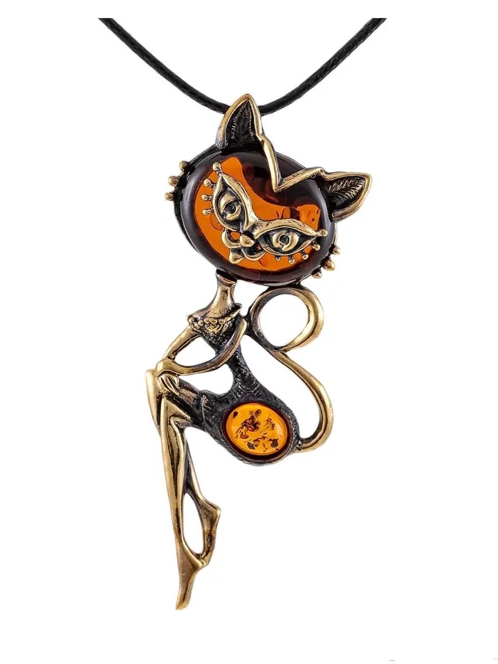 Lady cat pendant necklace gold and yellow amber jewelry Gift for women to beloved girl Bohemian statements jewelry handmade in vintage style