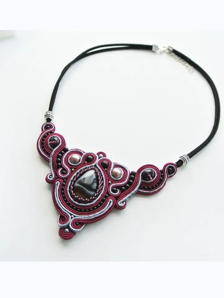 Burgundy necklace with Agate stone, Soutache Embroidered statement necklace
