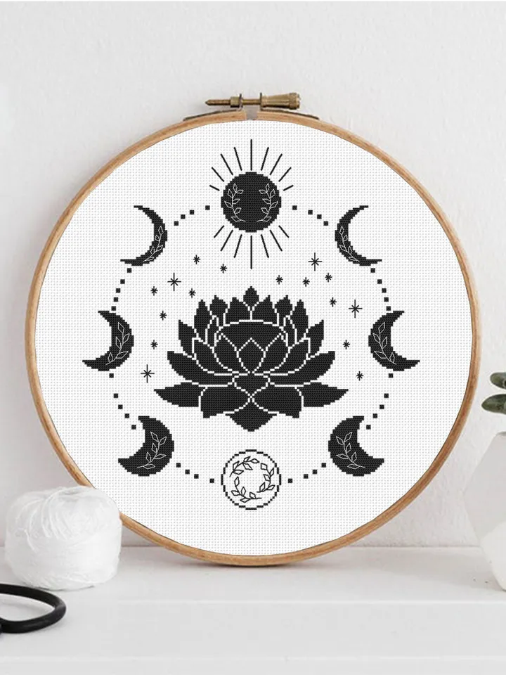 Mystical moon phase cross stitch pattern download PDF Lotus flower cross stitch chart, Floral moon cross stitch, Moon phase decor #L56