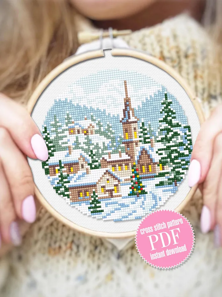 Christmas village cross stitch pattern PDF download Winter landscape cross stitch, Christmas pattern digital PDF, Small snow landscape #N170
