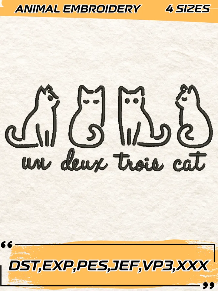 Un Deux Trois Cat Embroidery Design,Animal Embroidery Design,Cat Design,4 Sizes,Digital Download