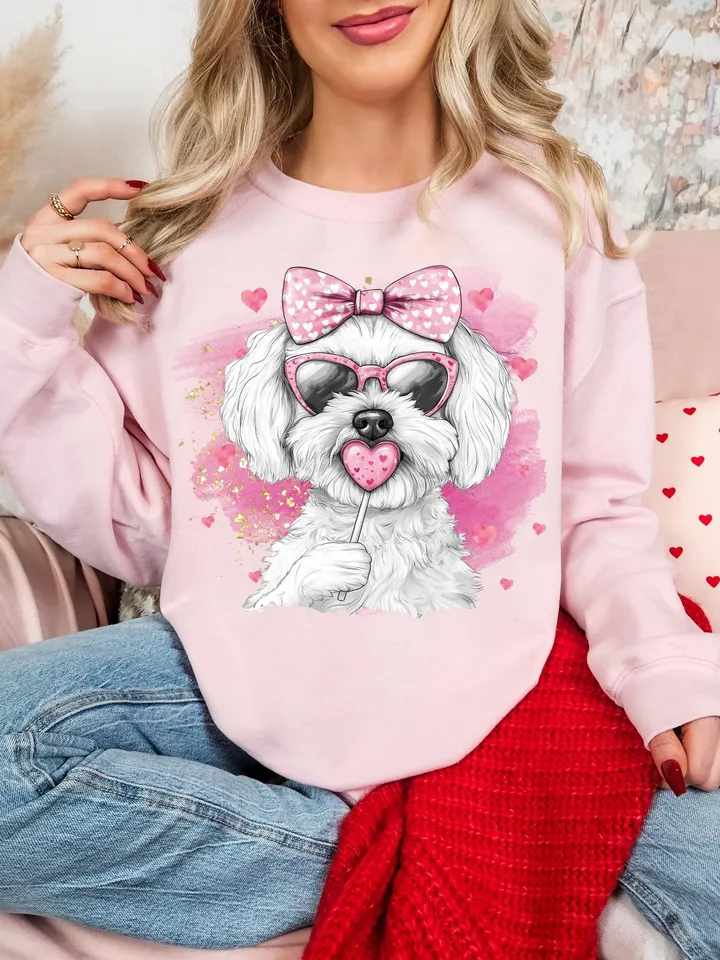 Terrier Coquette PNG Coquette Valentines PNG White Dog Mom Coquette PNG Maltipo Sublimation Shirt Design Pink Dog Coquette Bow