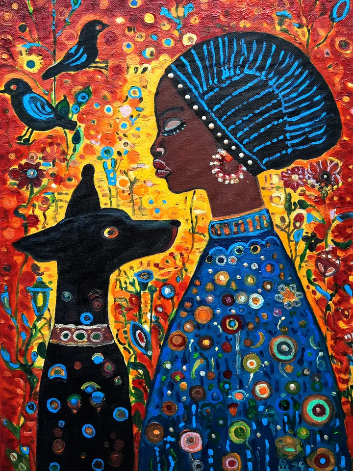 African Girl and Dog Original Oil painting Oil on canvas