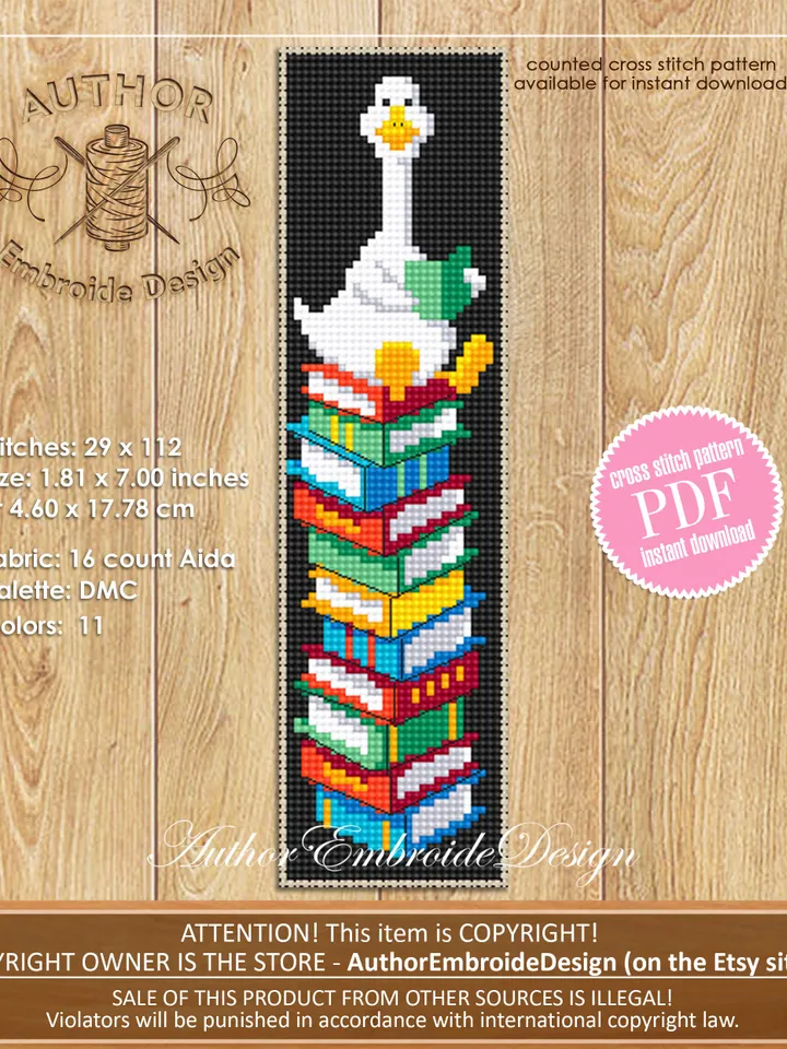 Funny bookmark cross stitch pattern PDF download Goose cross stitch chart, Kids bookmark pattern digital PDF, Book accessories #B332