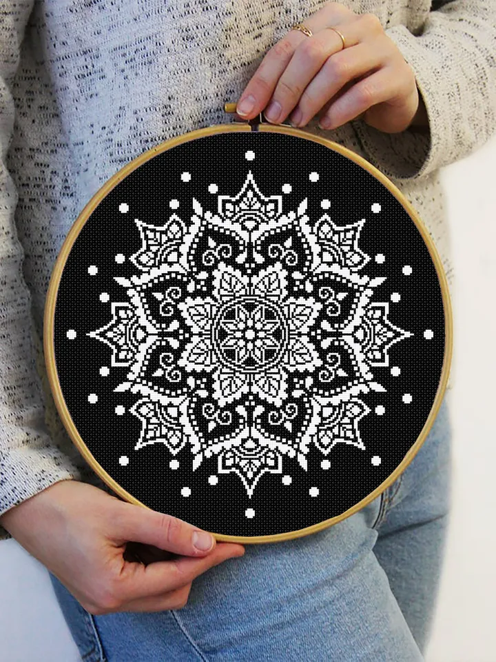 Mandala cross stitch pattern PDF download Monochrome cross stitch chart, Flower mandala pattern digital PDF, Simple mandala ornament #M156